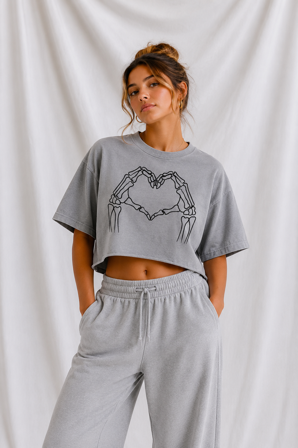 Skeleton Heart Hands Snow Washed Raw Edge Crop Top