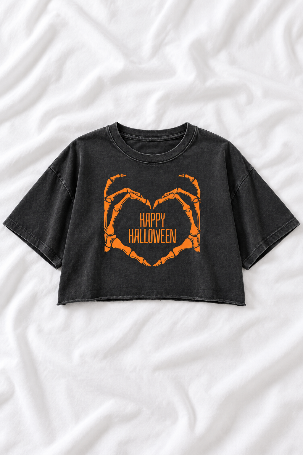 Happy Halloween Skeleton Heart Hands Snow Washed Raw Edge Crop Top