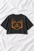 Happy Halloween Skeleton Heart Hands Snow Washed Raw Edge Crop Top
