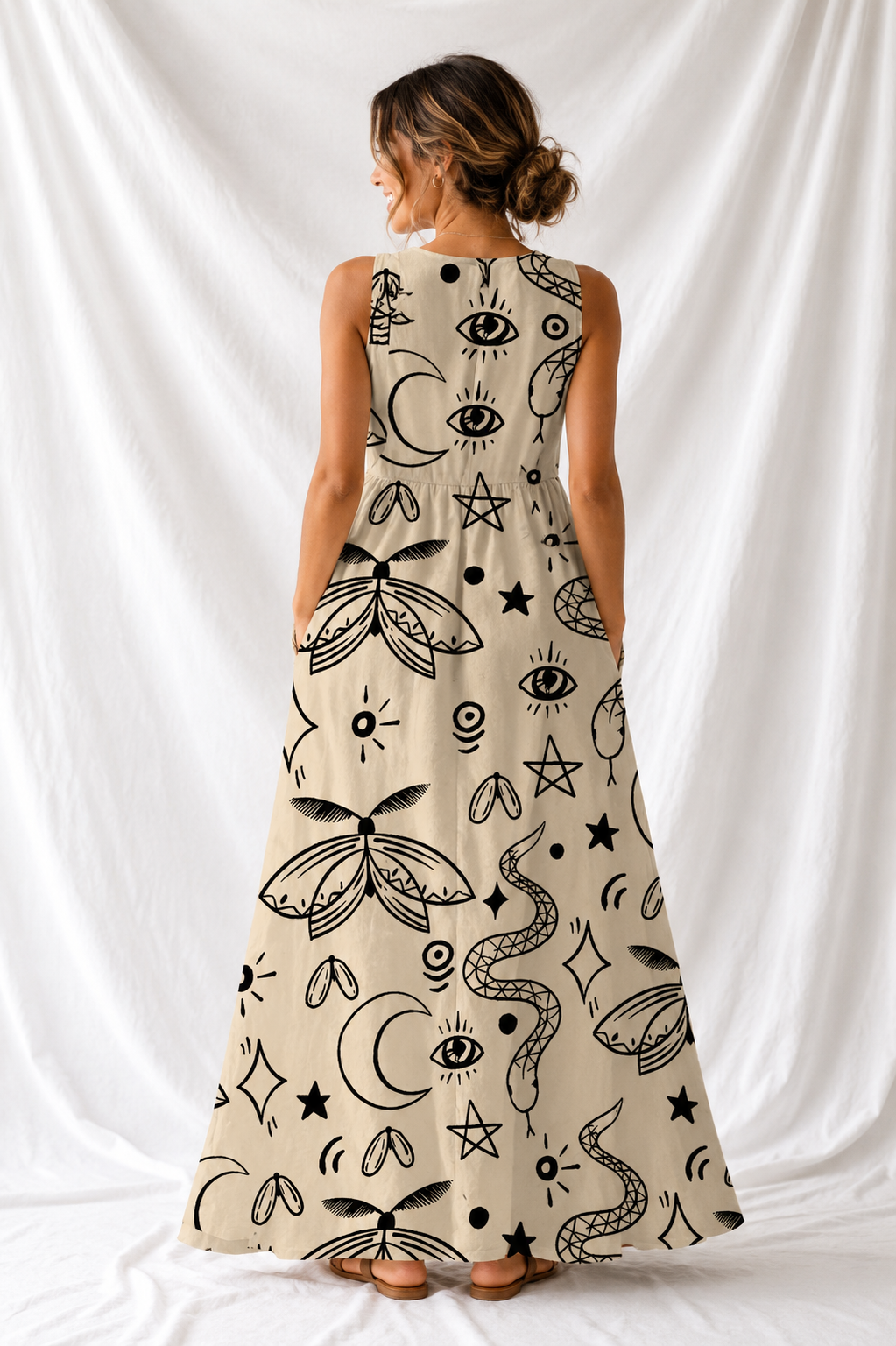 Celestial Moth & Snake Print Maxi Dress – Women’s Gothic Boho Sleeveless Summer Dress
