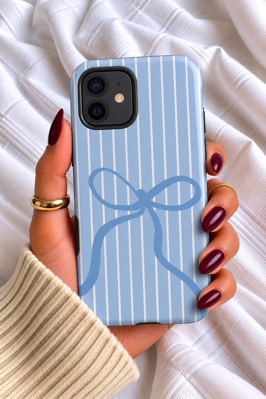 Blue Bow iPhone Case – Light Blue Striped Coquette Phone Case