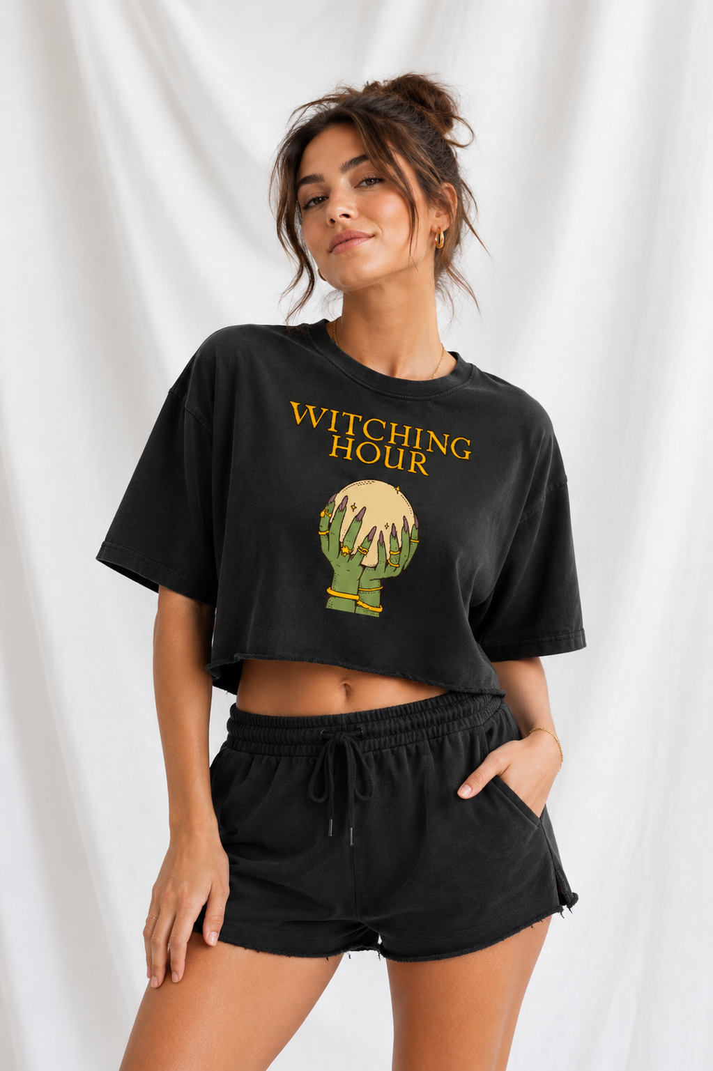Witching Hour Crystal Ball Snow Washed Raw Edge Crop Top