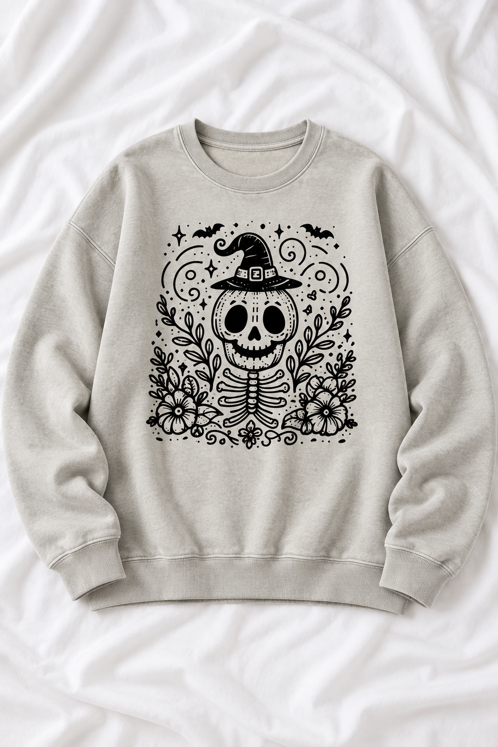 Vintage Wash Witchy Skeleton Graphic Unisex Crewneck Sweatshirt
