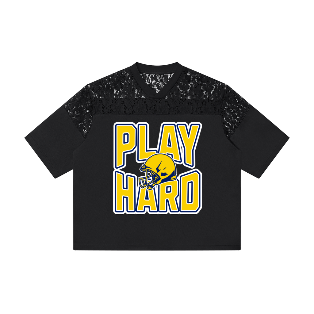 Play Hard Lace Jersey Tee | Women's Yellow & Blue Game Day Football Shirt
