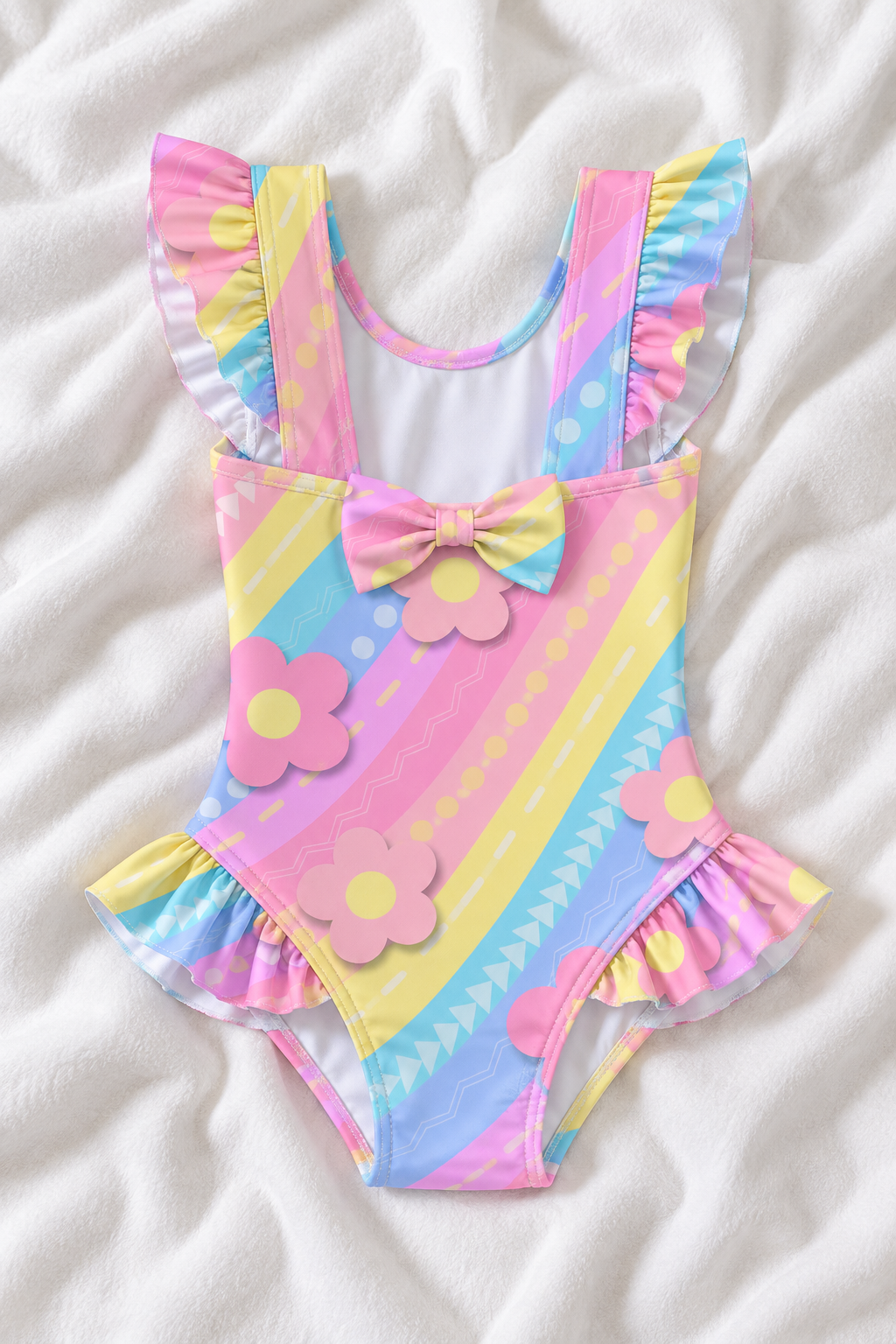 Rainbow Floral Girls’ Ruffle Swimsuit – Kids Colorful Flower One Piece Swimwear