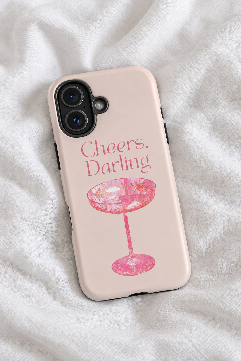 Cheers Darling Tough iPhone Case | Pink Champagne Coupe Glass Black Girly Phone Cover