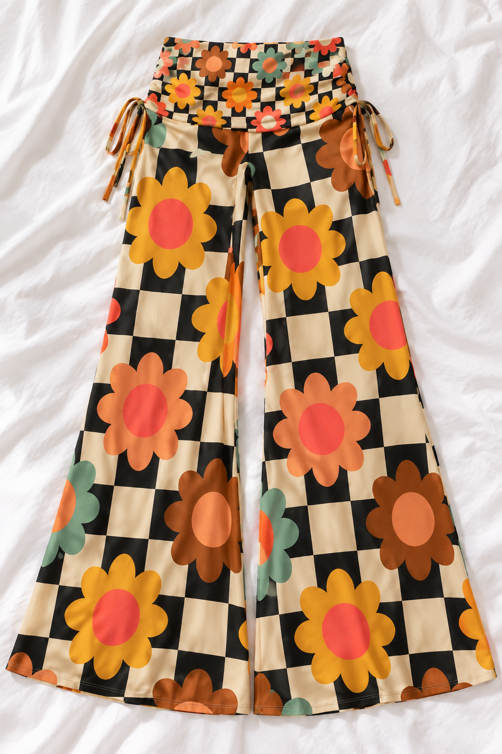Retro Checker Floral Wide Leg Pants | Women's Groovy 70s Lounge Pants