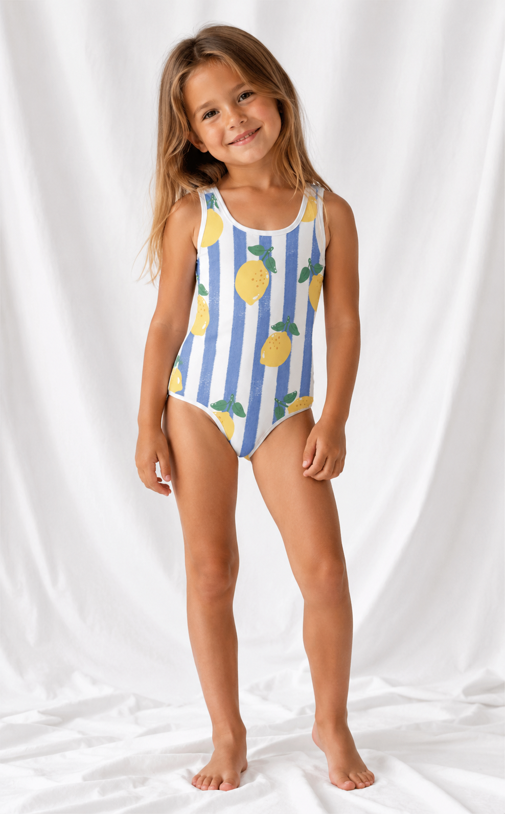 Little Kids Blue Stripe & Lemon One Piece Swimsuit | Italian Summer Bathing Suit