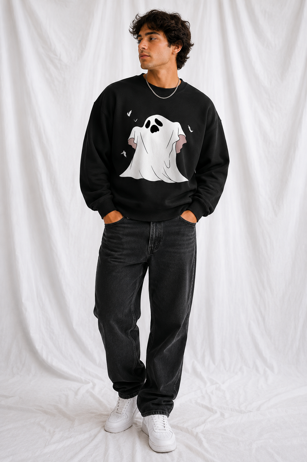 Vintage Wash Cute Ghost Graphic Unisex Crewneck Sweatshirt