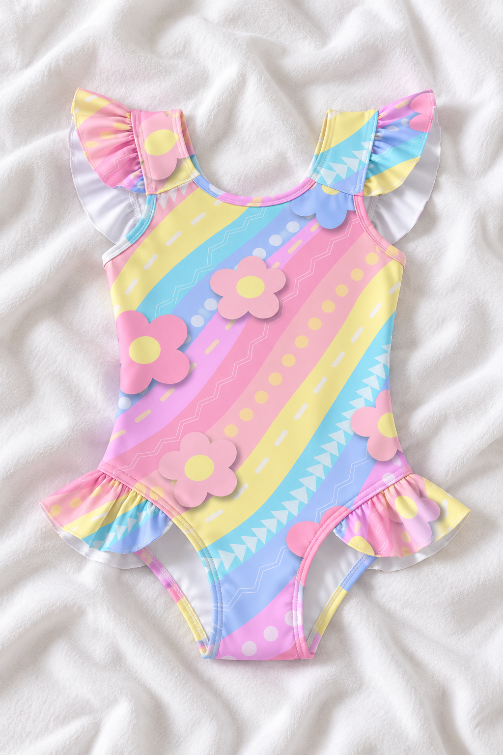 Rainbow Floral Girls’ Ruffle Swimsuit – Kids Colorful Flower One Piece Swimwear