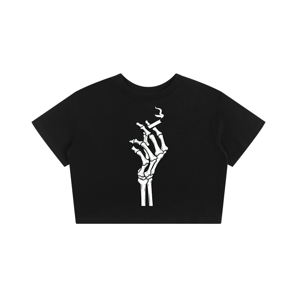 Skeleton Hand Cigarette Women's Baby Crop Tee | Edgy Cotton Crop Top