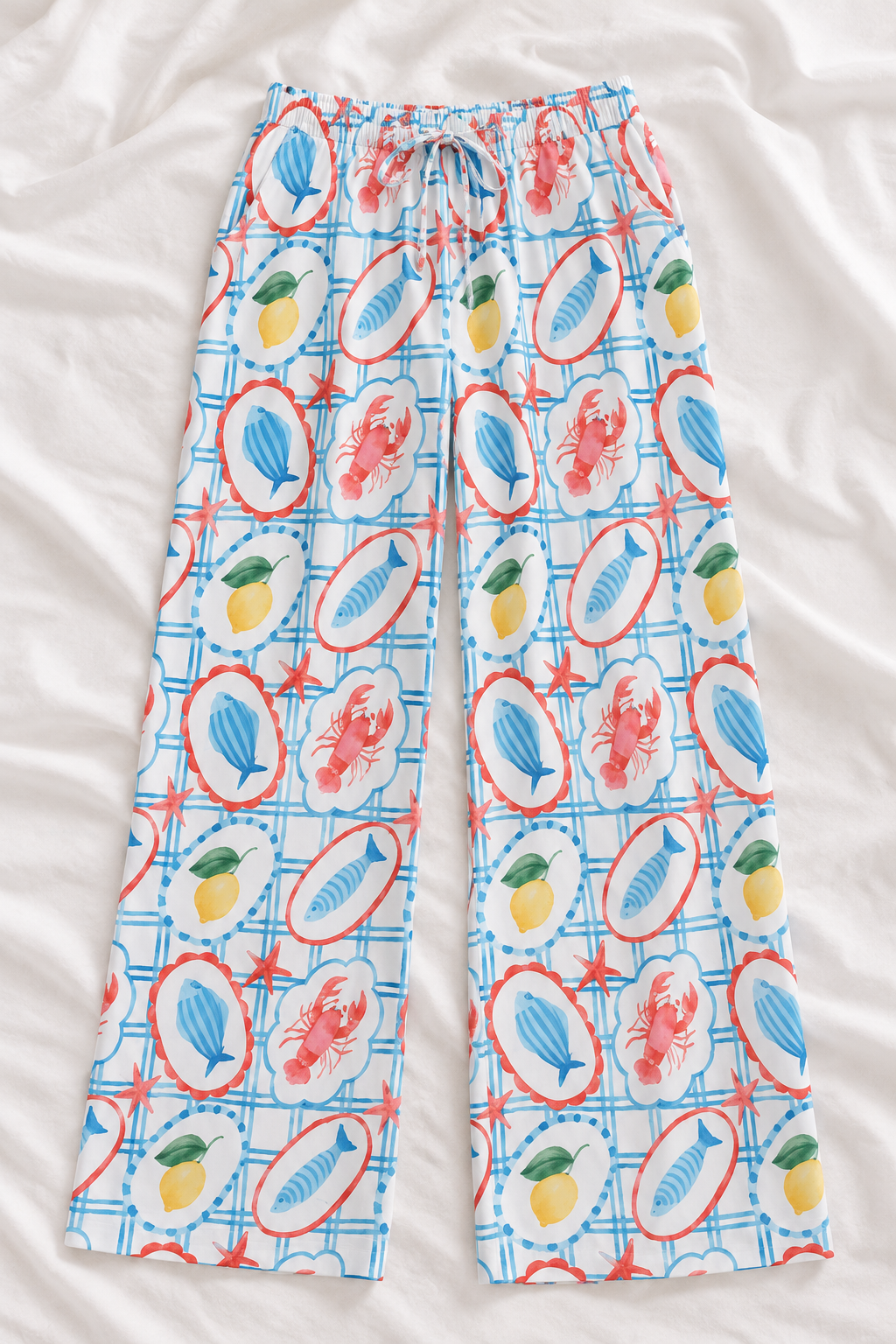 Coastal Lobster & Citrus Relaxed Straight-Leg Pants | Women's Lightweight Beach Lounge Pants