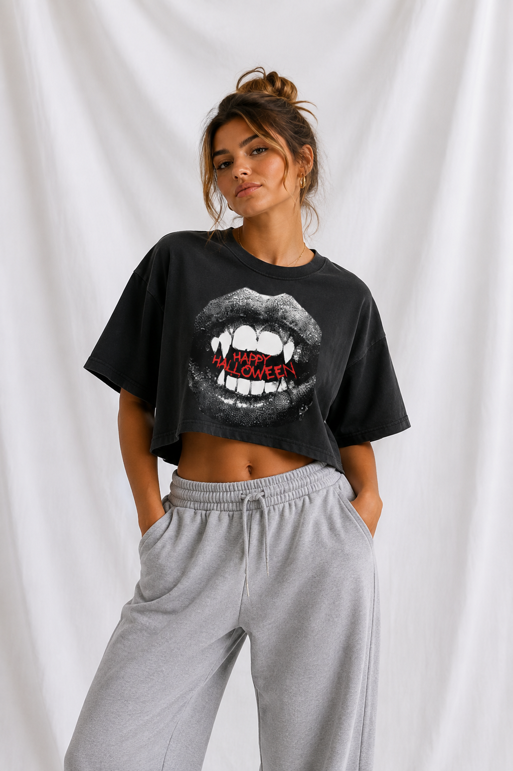 Happy Halloween Vampire Lips Snow Washed Raw Edge Crop Top