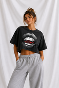 Happy Halloween Vampire Lips Snow Washed Raw Edge Crop Top