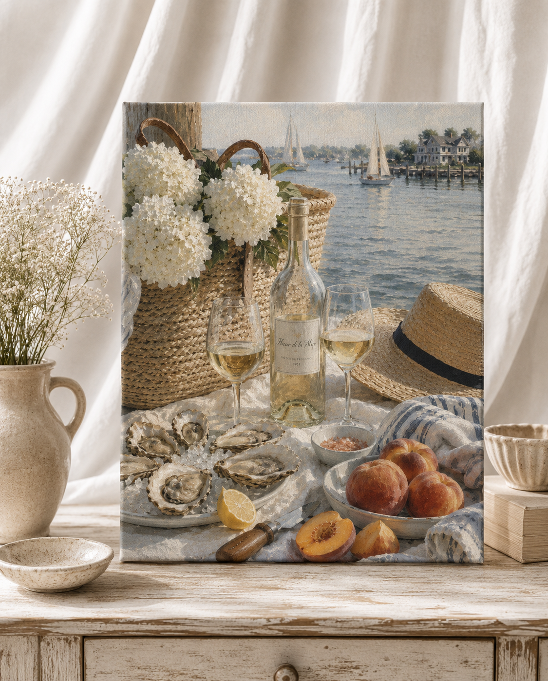 Coastal Wine Picnic Canvas Wall Art | Waterfront Summer Canvas | Stretched Canvas Print
