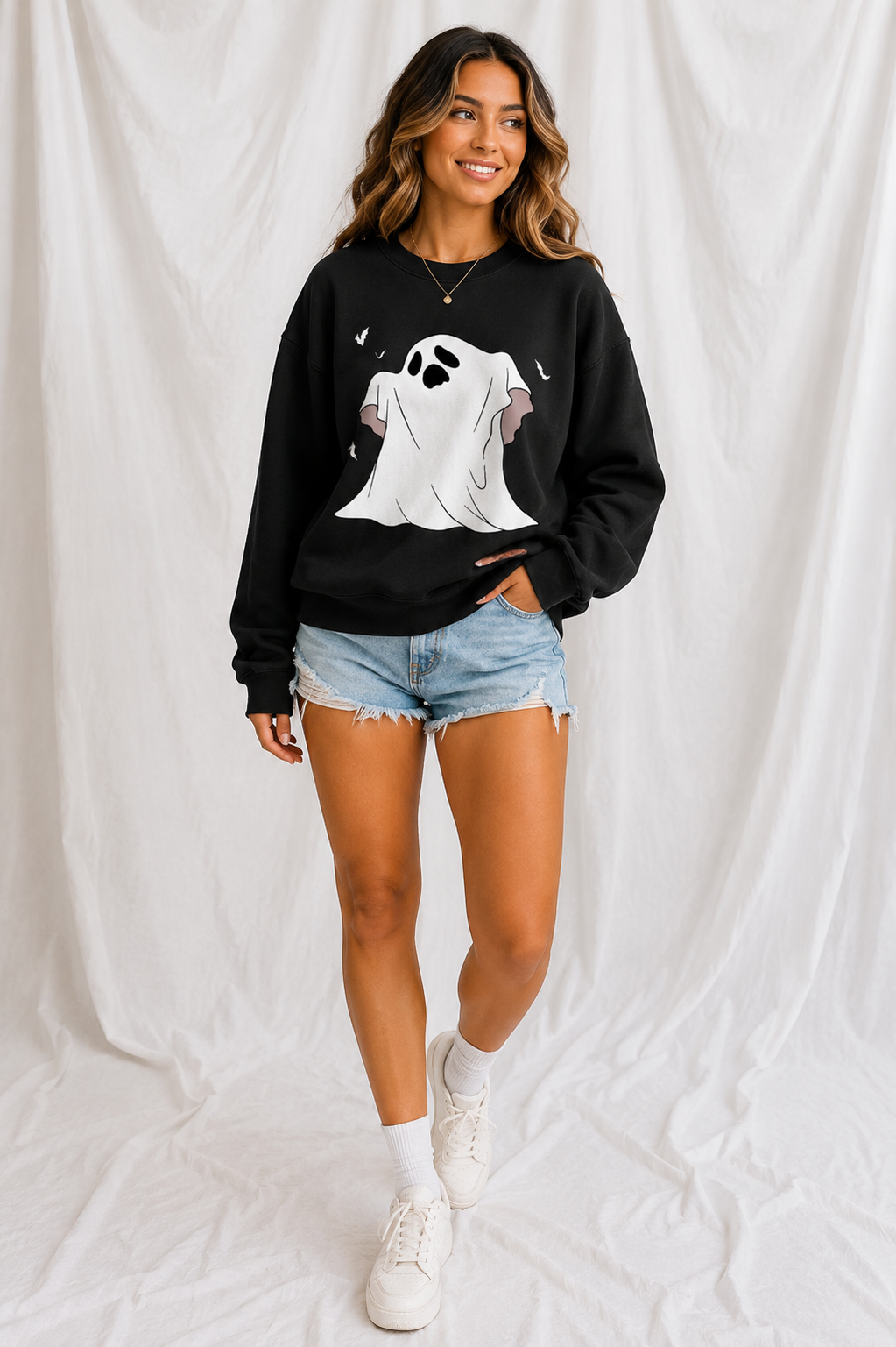 Vintage Wash Cute Ghost Graphic Unisex Crewneck Sweatshirt