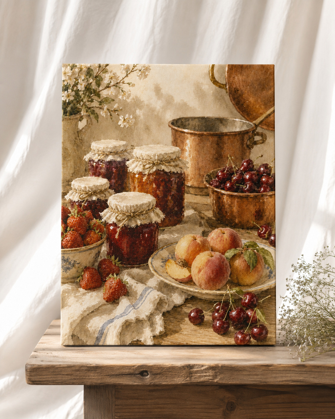 French Country Jam Kitchen Canvas Wall Art | Rustic Fruit Preserves | Stretched Canvas Print