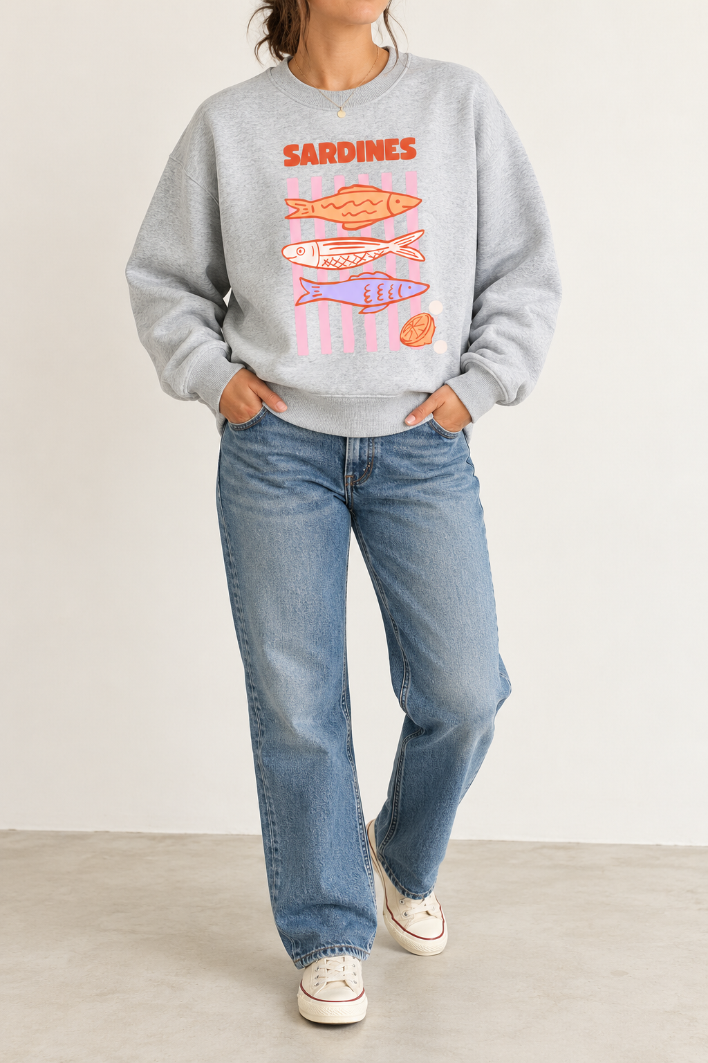 Sardines Graphic Fleece Side Slit Crewneck Sweatshirt – Coastal Mediterranean Aesthetic