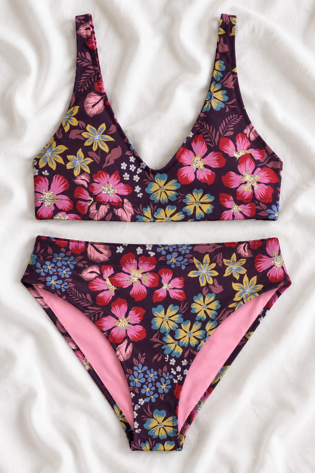 Purple Floral High-Waisted Two-Piece Bikini – Women’s Flower Print Swimsuit