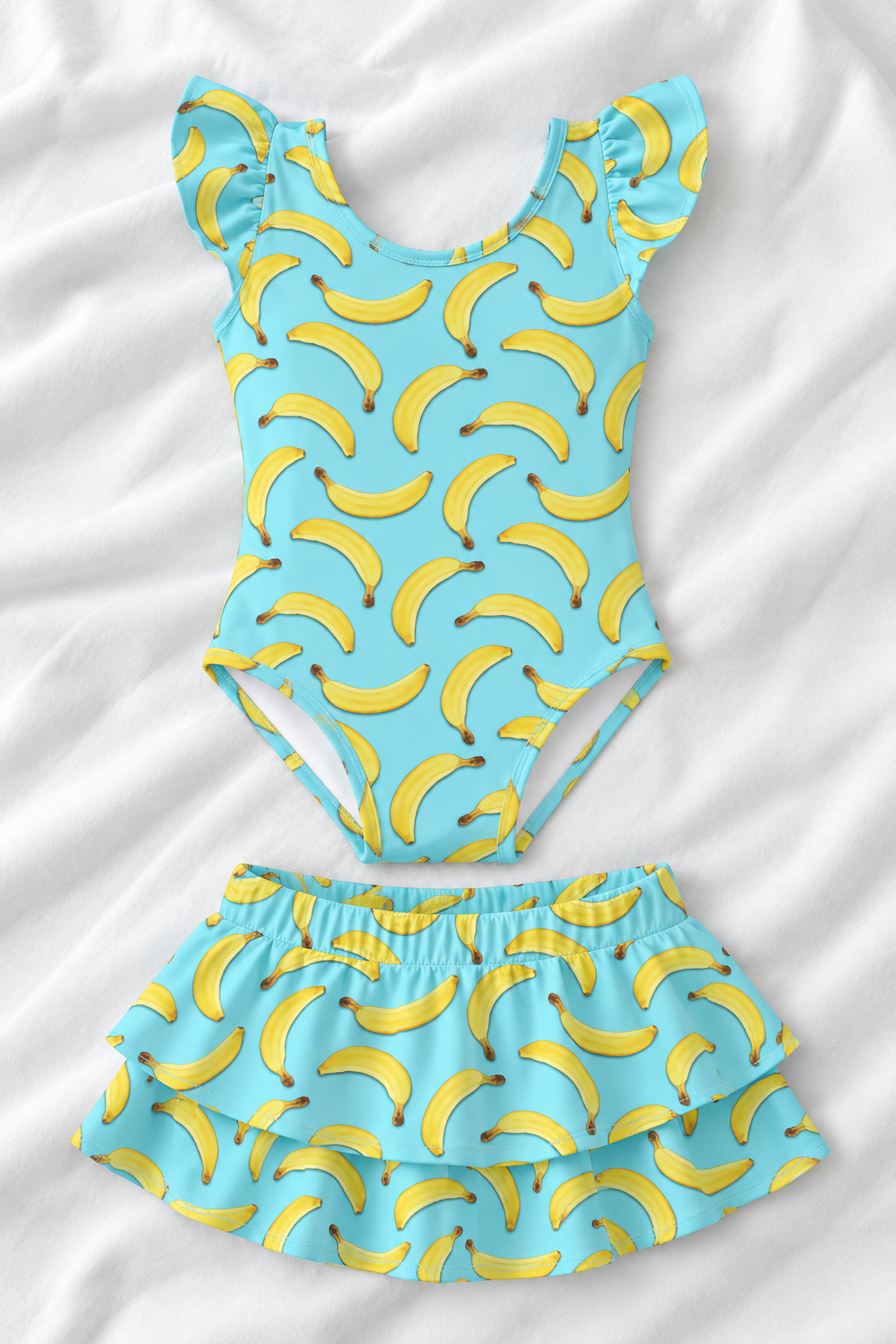 Banana Print Girls’ Ruffle Swimsuit & Skirt Set – Kids Summer Swimwear