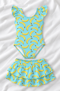 Banana Print Girls’ Ruffle Swimsuit & Skirt Set – Kids Summer Swimwear
