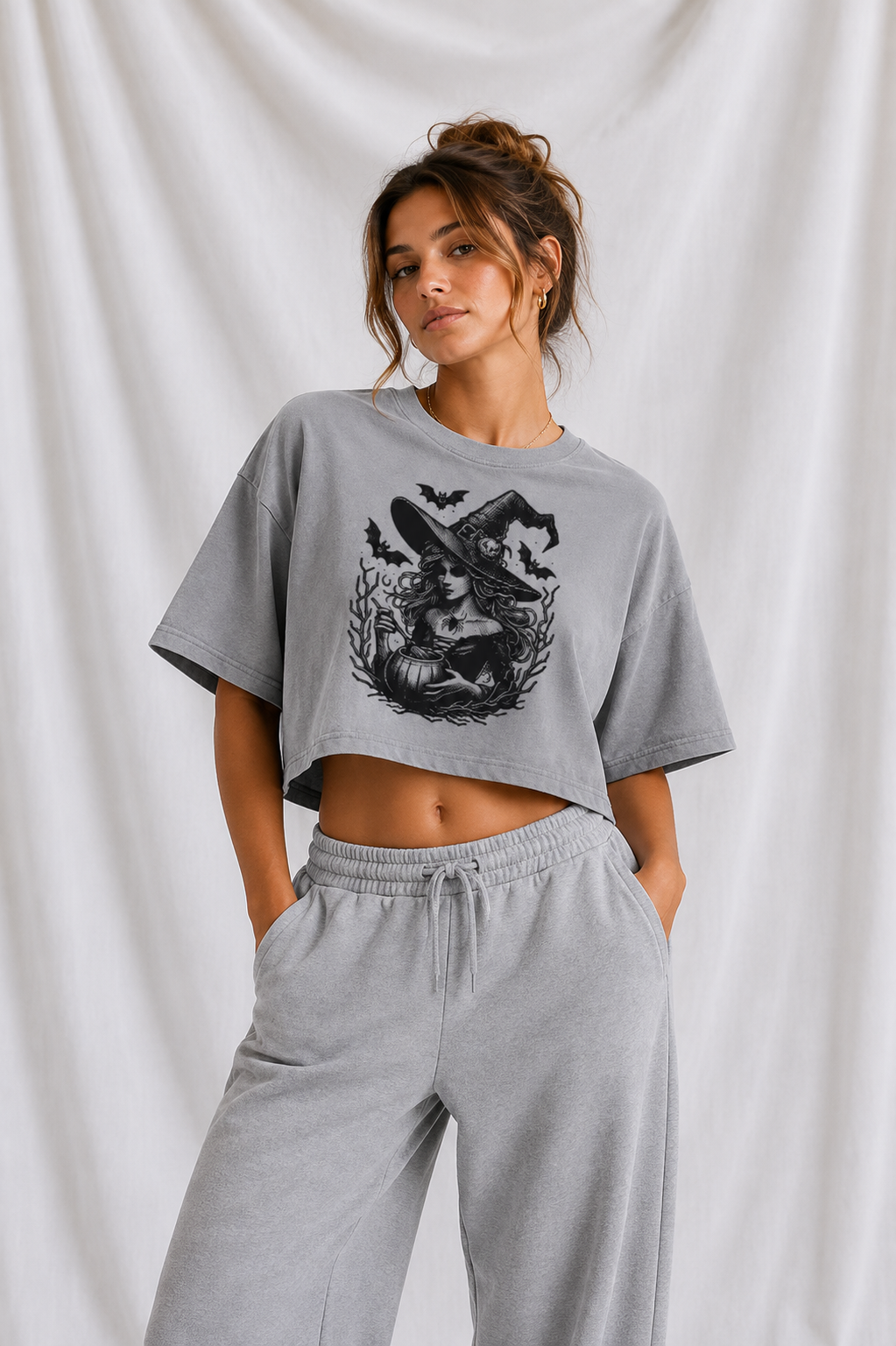 Vintage Witch Snow Washed Raw Edge Halloween Crop Top