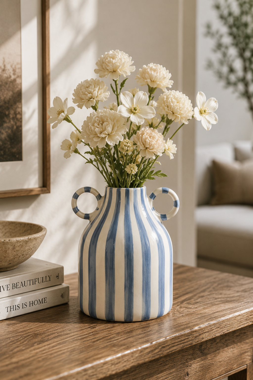 Double Handle Striped Porcelain Vase