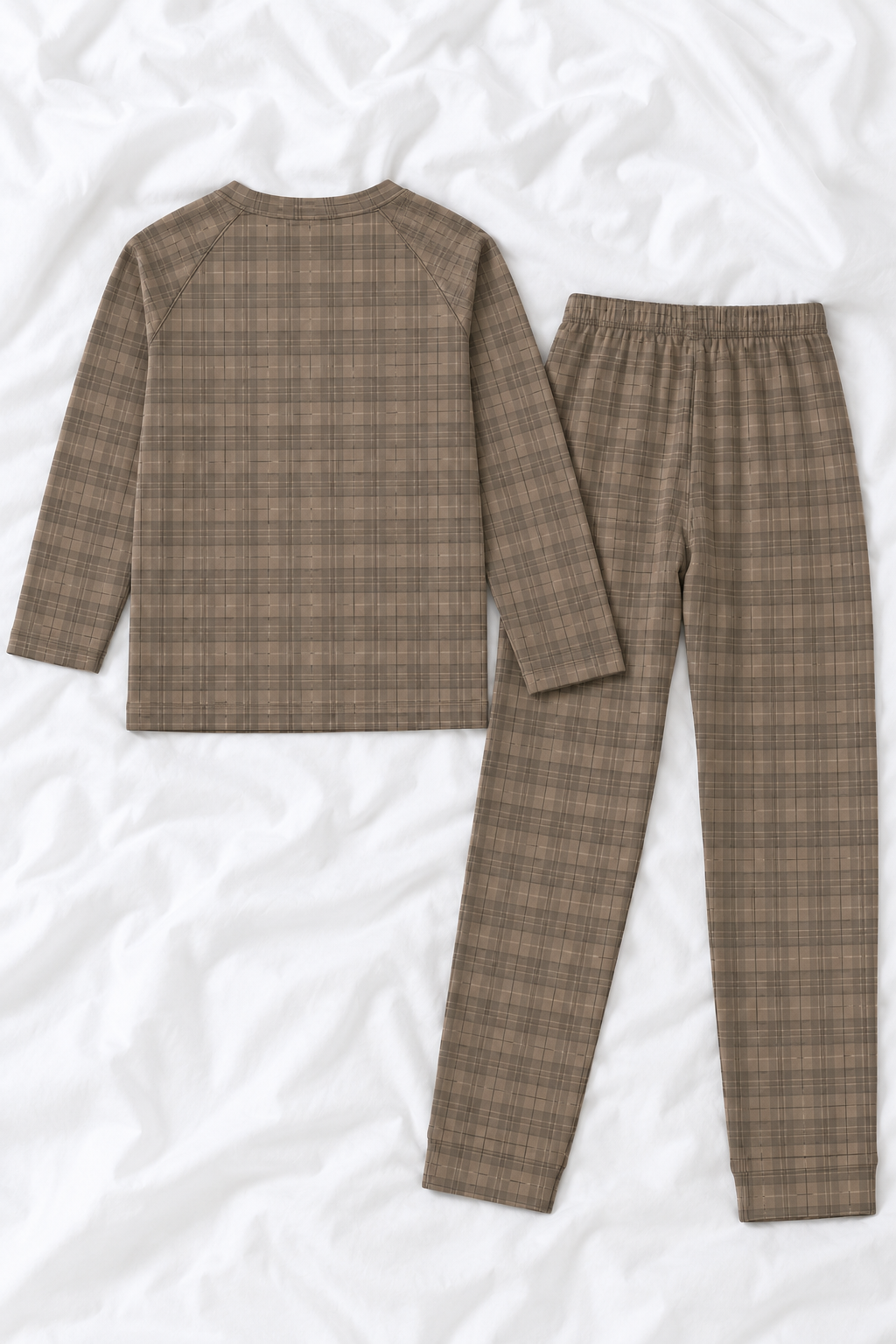 Kids Beige Plaid Teddy Bear Soft-Touch Long Sleeve Pajama Set