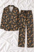 Tiger Print Imitation Silk Pajama Set – Women’s Long Sleeve Sleepwear