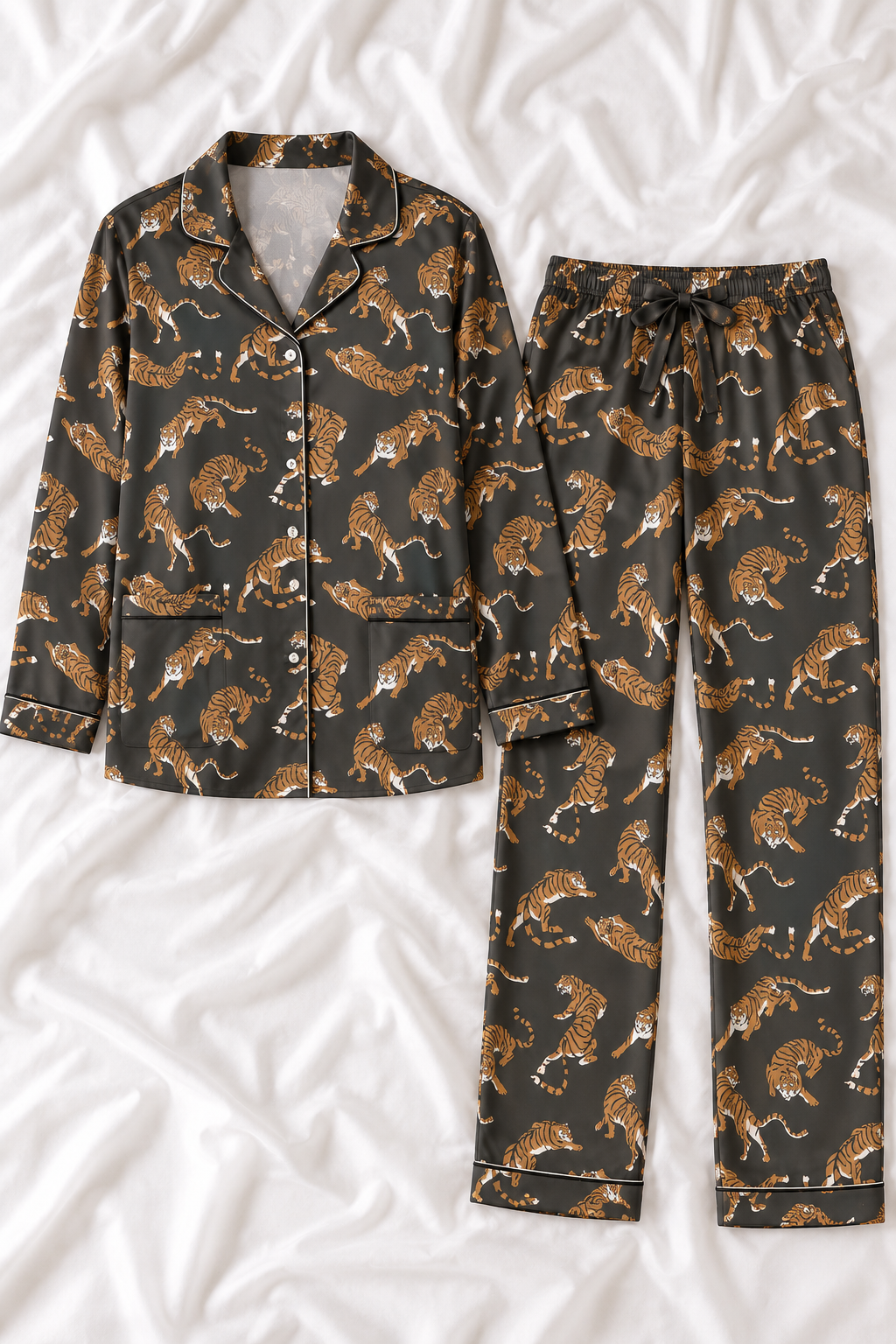 Tiger Print Imitation Silk Pajama Set – Women’s Long Sleeve Sleepwear