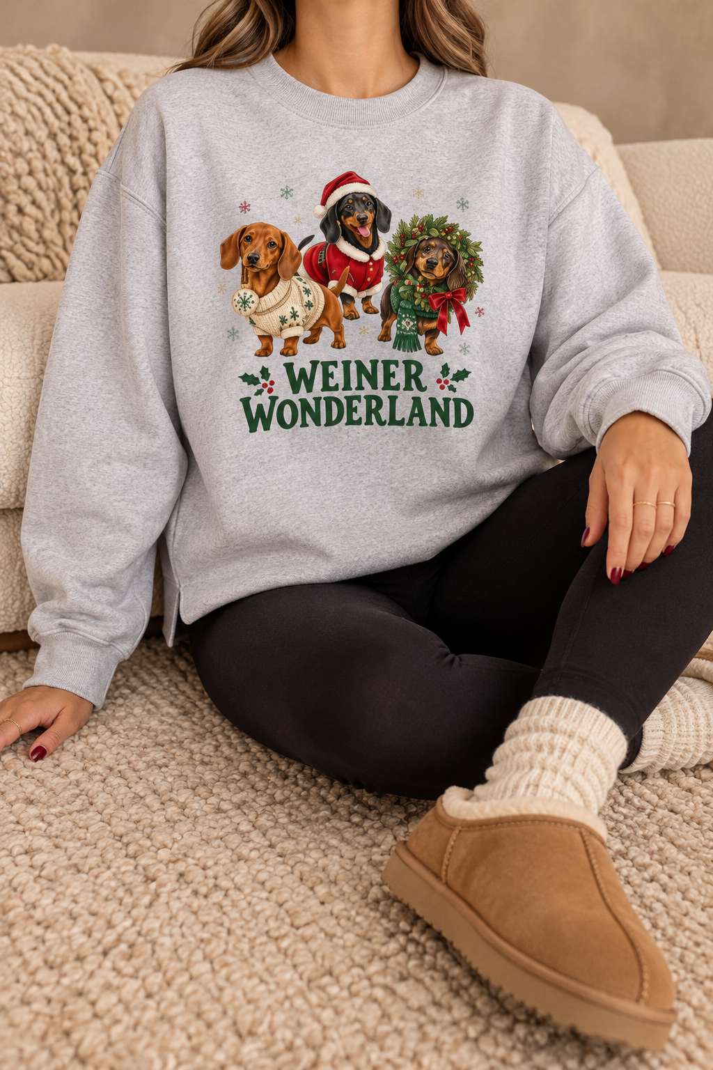 Weiner Wonderland Christmas Sweatshirt – Festive Dachshund Graphic Fleece Crewneck