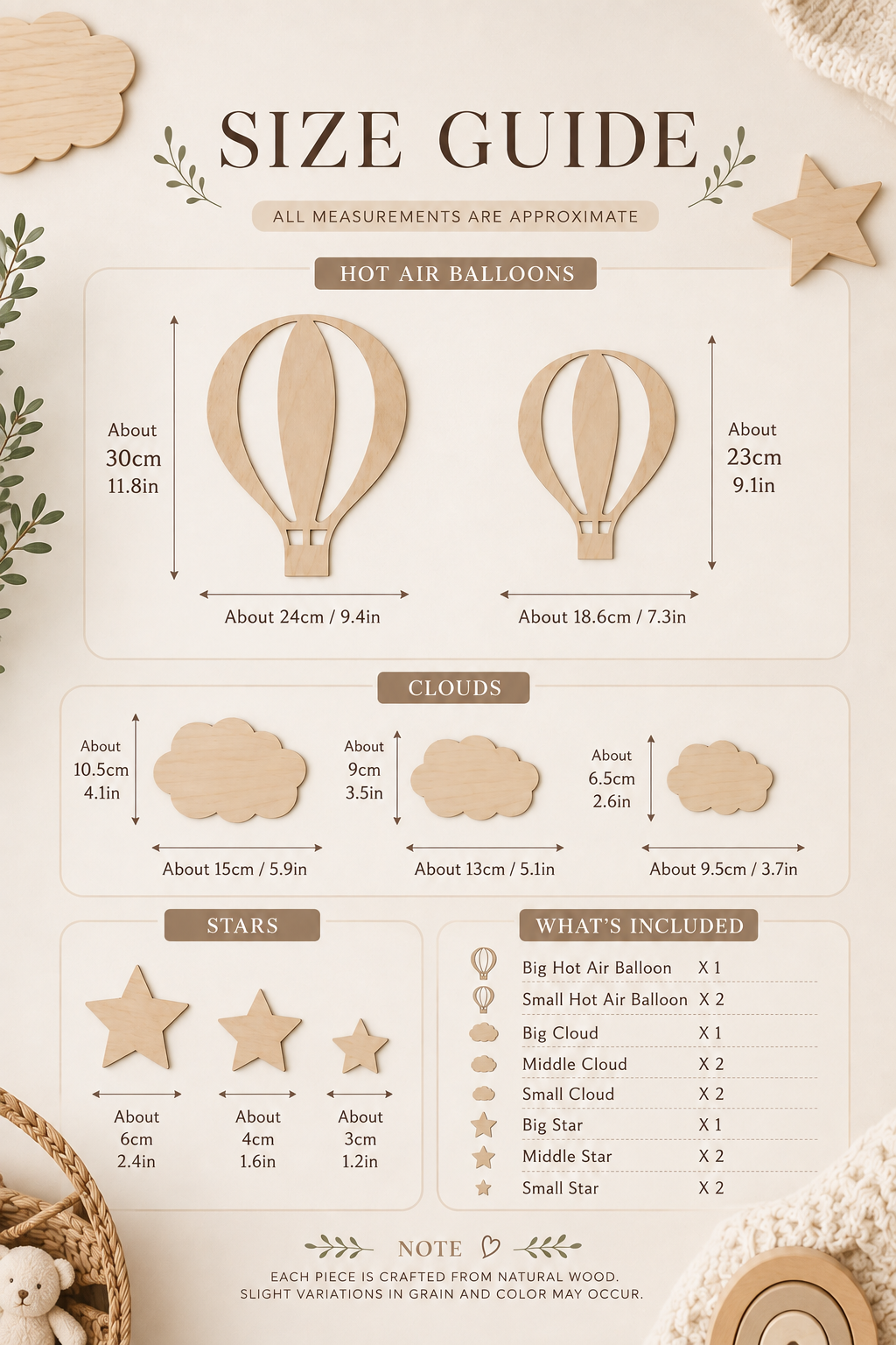 Wooden Hot Air Balloon, Cloud & Star Wall Décor Set
