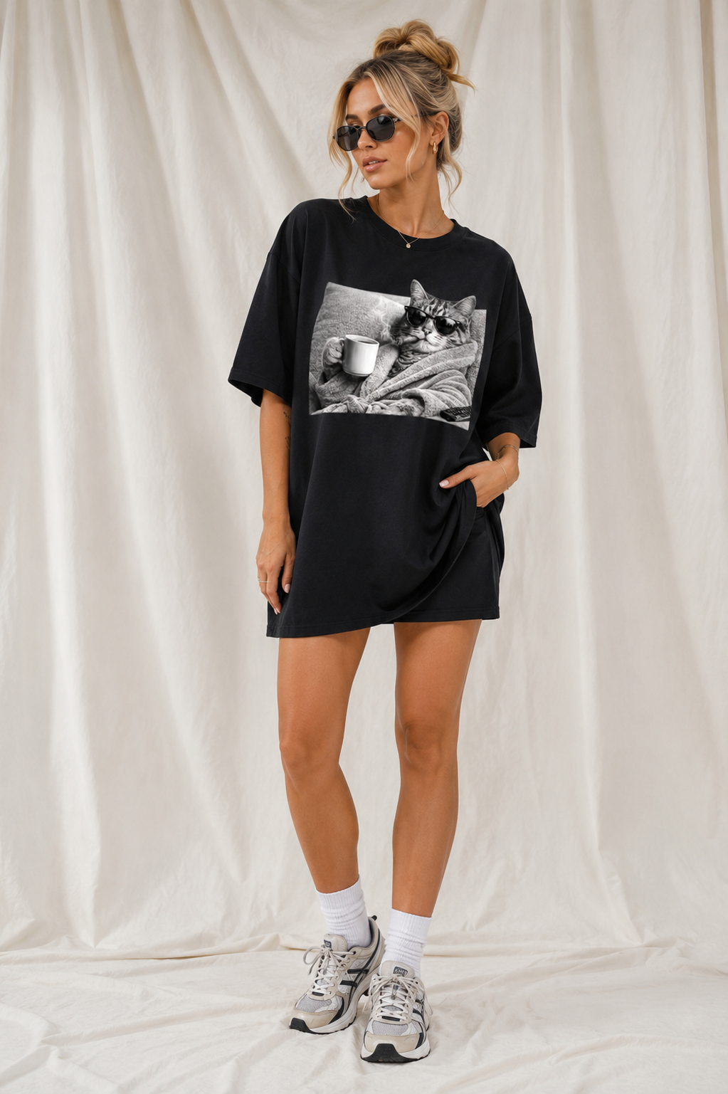 Gangster Coffee Cat Unisex Cotton Tee | Funny Cat Graphic T-Shirt for Adults