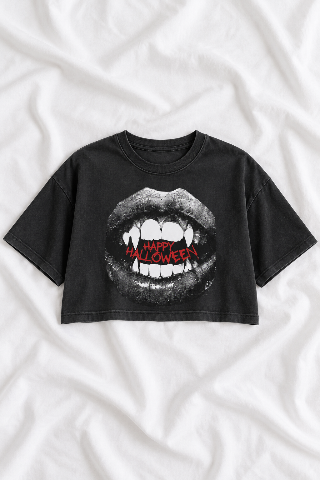 Happy Halloween Vampire Lips Snow Washed Raw Edge Crop Top