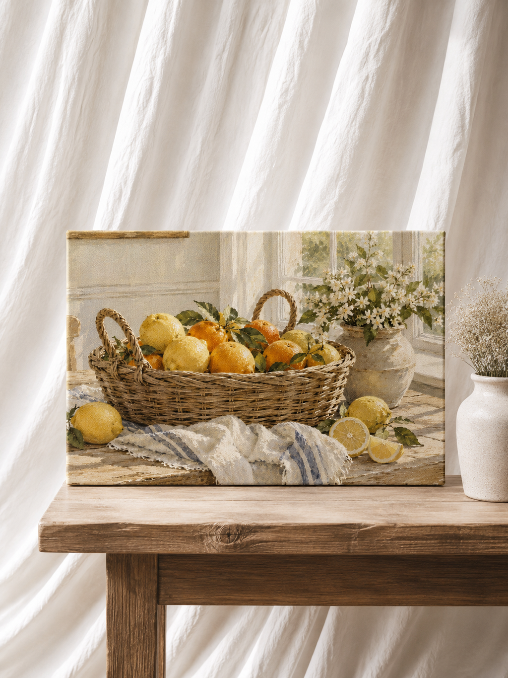 Mediterranean Citrus Basket Canvas Wall Art | Lemon & Orange Kitchen Decor | Stretched Canvas Print