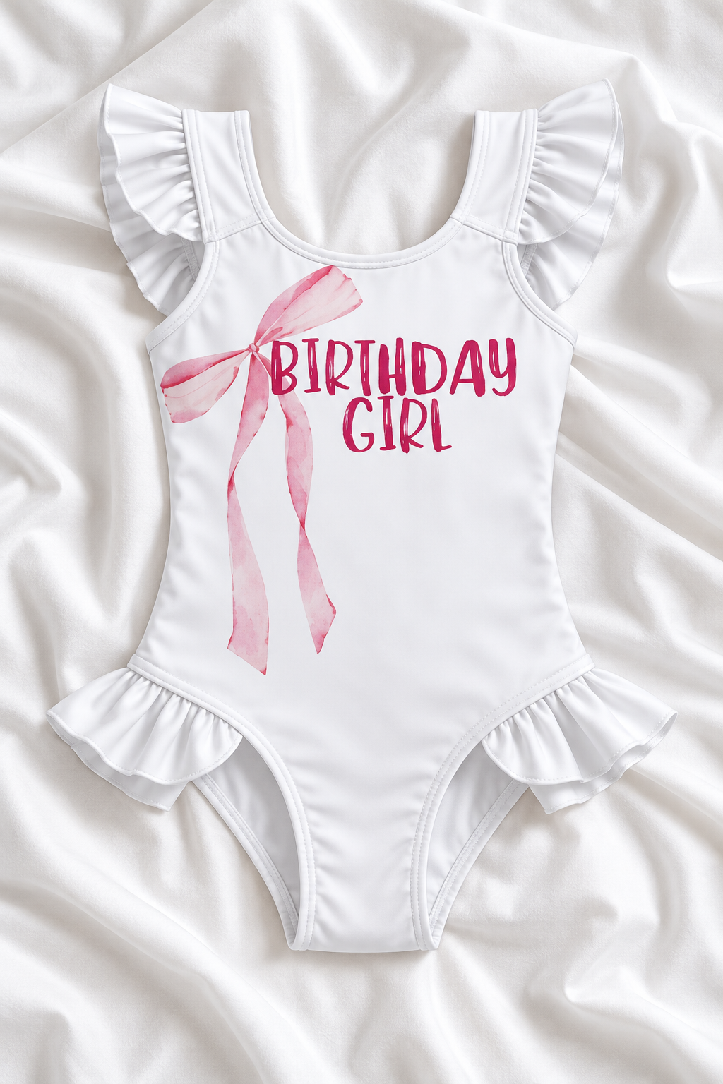 Birthday Girl Pink Bow Ruffle Swimsuit – Kids Birthday One Piece Swimwear