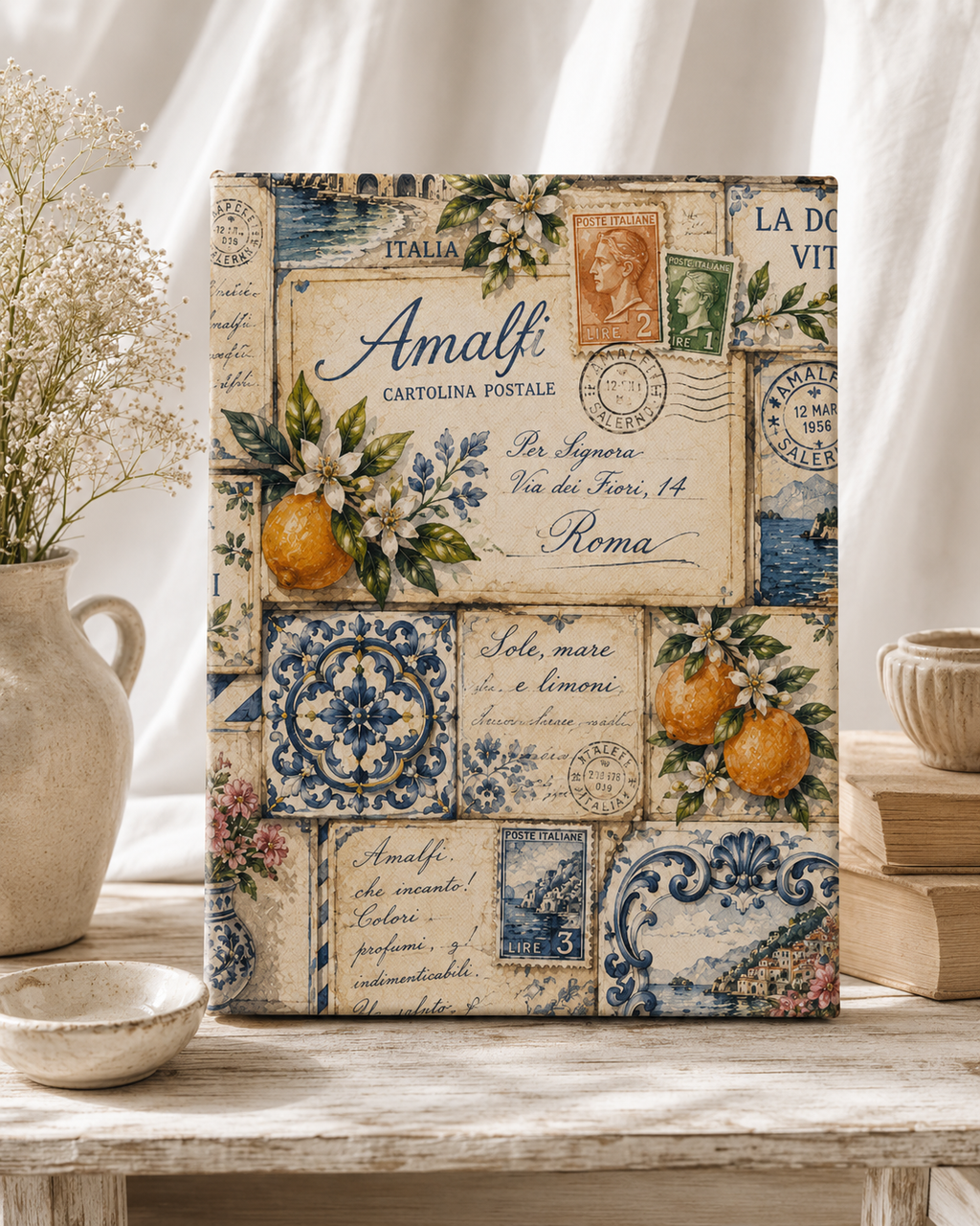 Amalfi Postcard Collage Canvas Wall Art | Vintage Italy Travel Canvas | Stretched Canvas Print