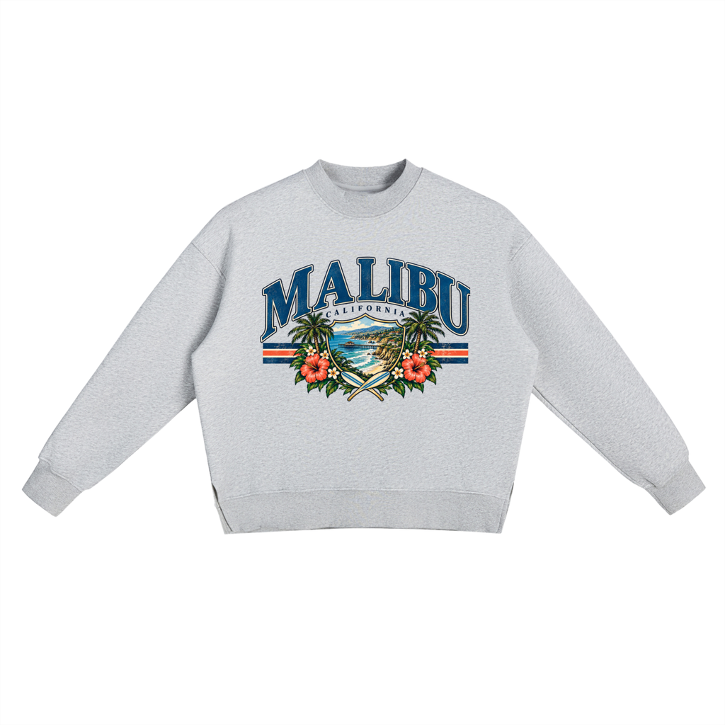 Malibu California Vintage Graphic Fleece Side Slit Crewneck Sweatshirt – Retro Coastal Beach Aesthetic