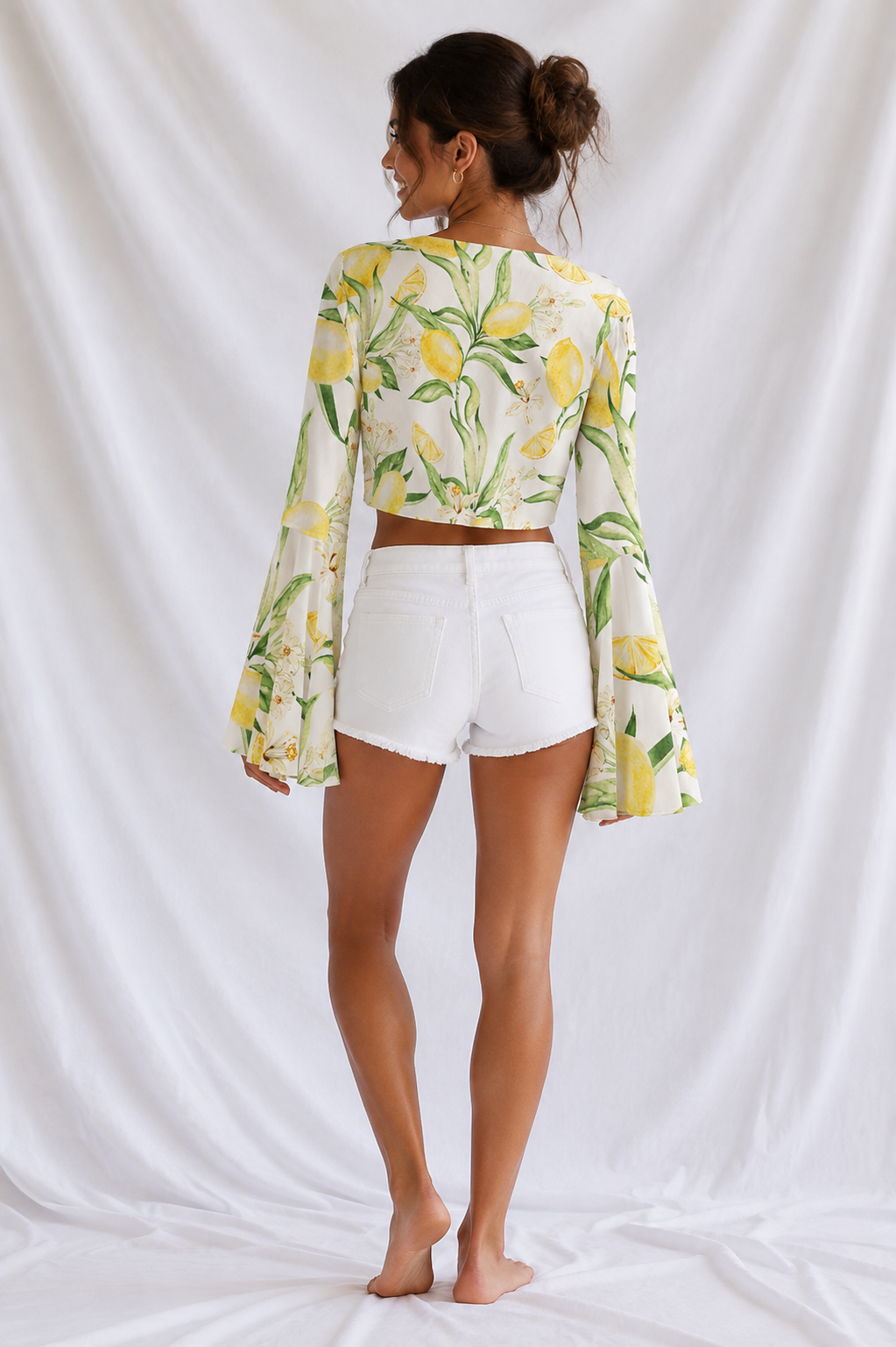 Lemon Print Mesh Cover Up Top – Women’s Tie Front Bell Sleeve Beach & Swim Cover Up