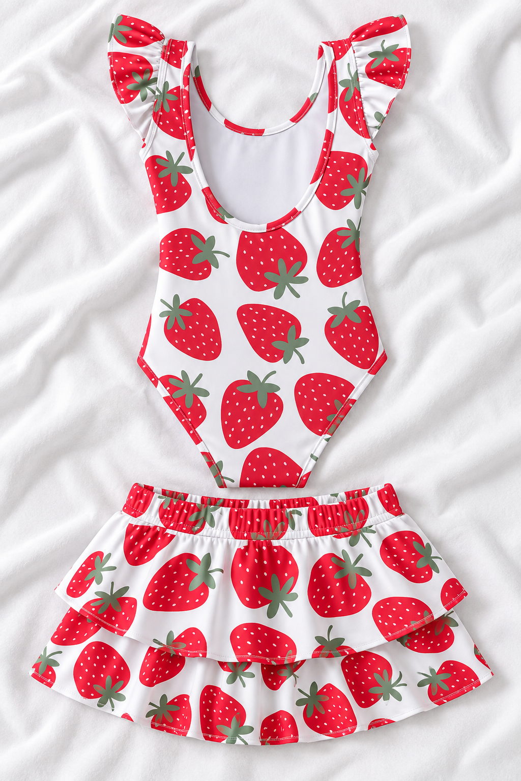 Strawberry Girls’ Ruffle Swimsuit & Skirt Set – Kids Summer Swimwear