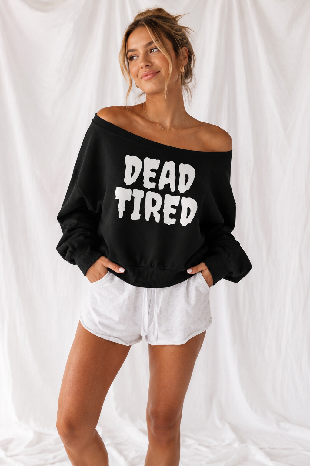 Dead Tired Women’s Off-Shoulder Cropped Halloween Sweatshirt