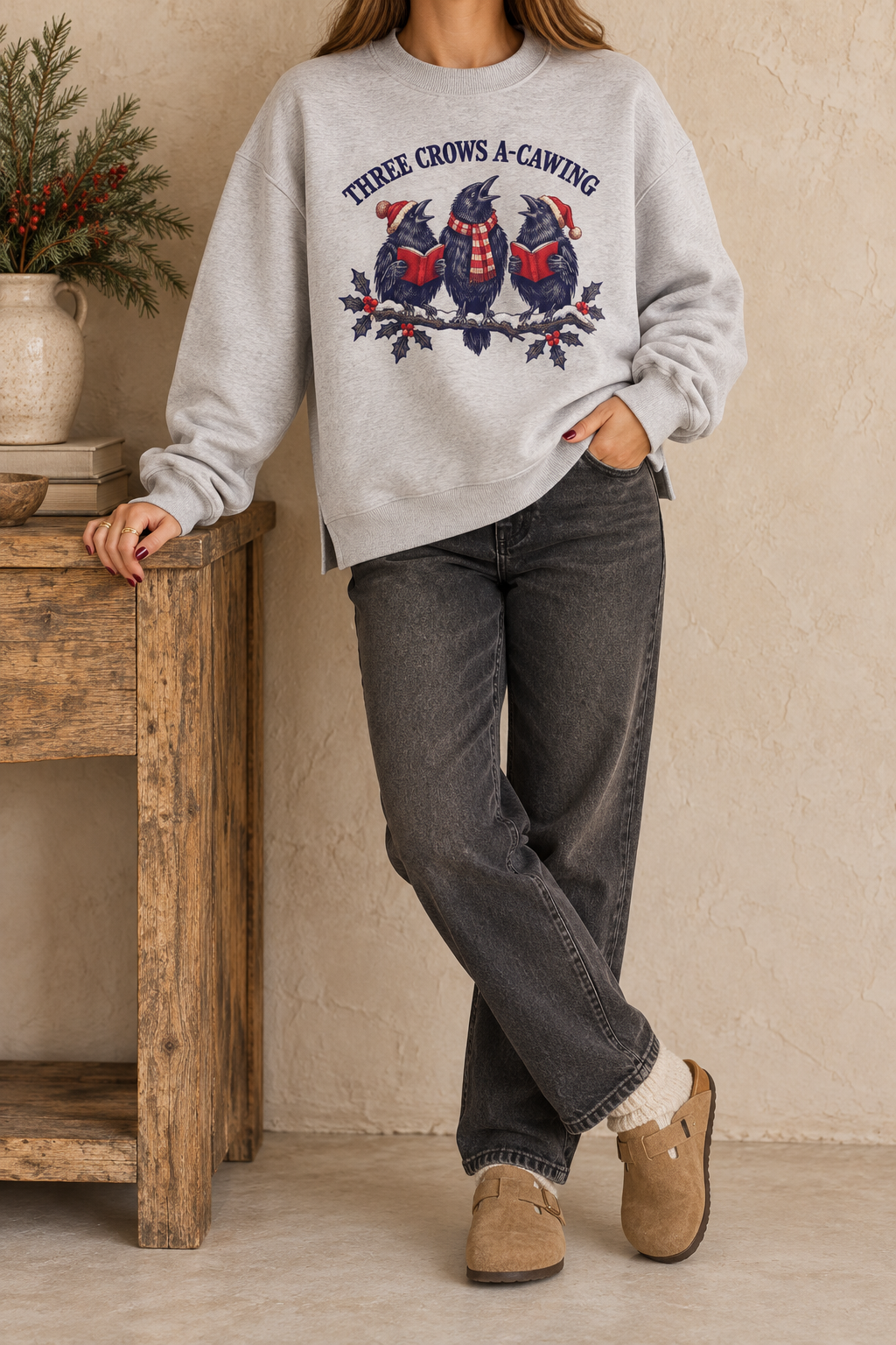 Three Crows A-Cawing Christmas Sweatshirt – Vintage Holiday Crow Graphic Fleece Crewneck