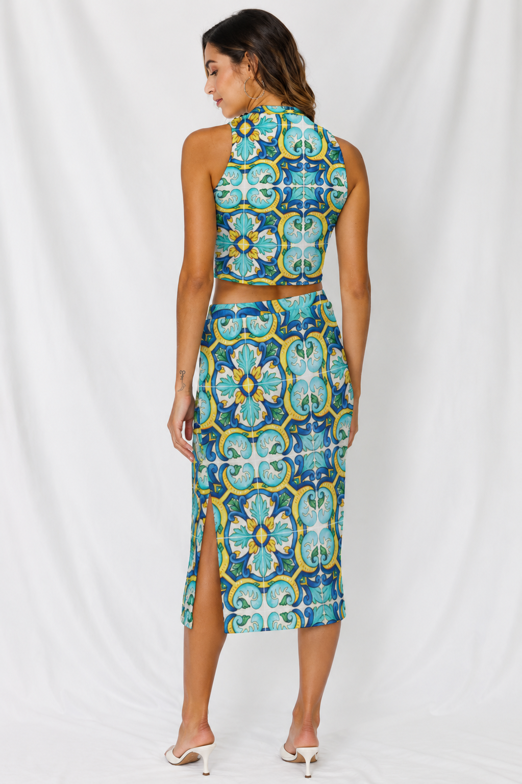 Mediterranean Tile Tank Top & Split High Skirt Set – Women’s Two Piece Summer Vacation Outfit