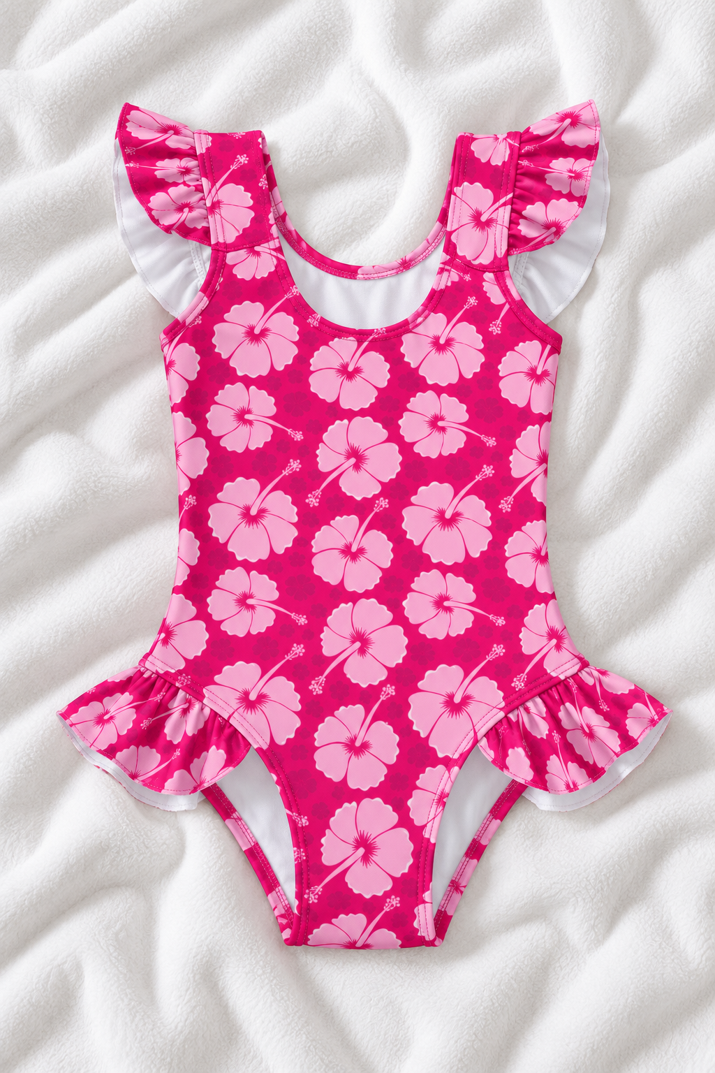 Pink Hawaiian Print Girls’ Ruffle Swimsuit – Kids Tropical One Piece Swimwear