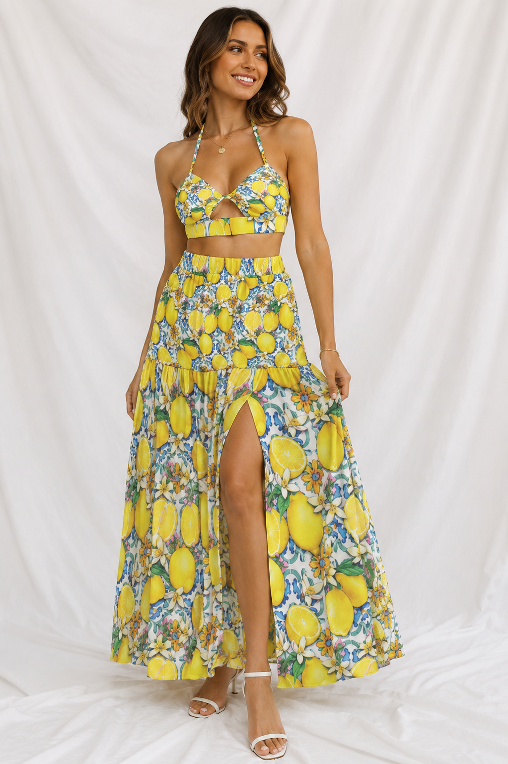 Lemon Print Two Piece Dress Set – Women’s Halter Top & Skirt, Backless Summer Vacation Outfit