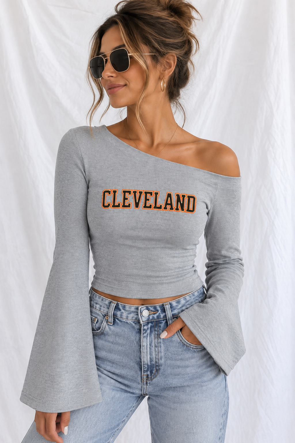 Cleveland Football Off-Shoulder Bell Sleeve T-Shirt – Women’s Game Day Top