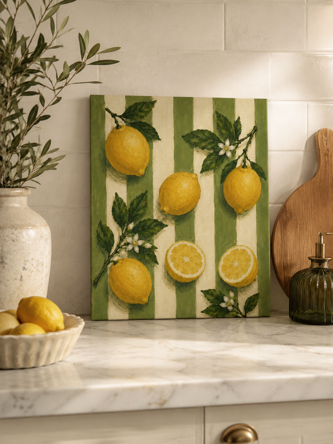 Vintage Lemon Canvas Wall Art, French Country Kitchen Decor, Botanical Citrus Artwork, Farmhouse Cottagecore Stretched Canvas