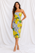 Lemon Print Side Split Tube Top Dress – Women’s Strapless Maxi Dress, Mediterranean Vacation Outfit