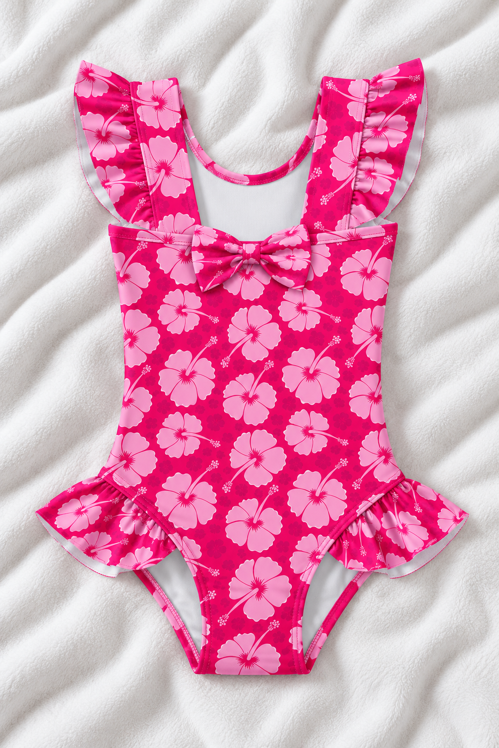 Pink Hawaiian Print Girls’ Ruffle Swimsuit – Kids Tropical One Piece Swimwear