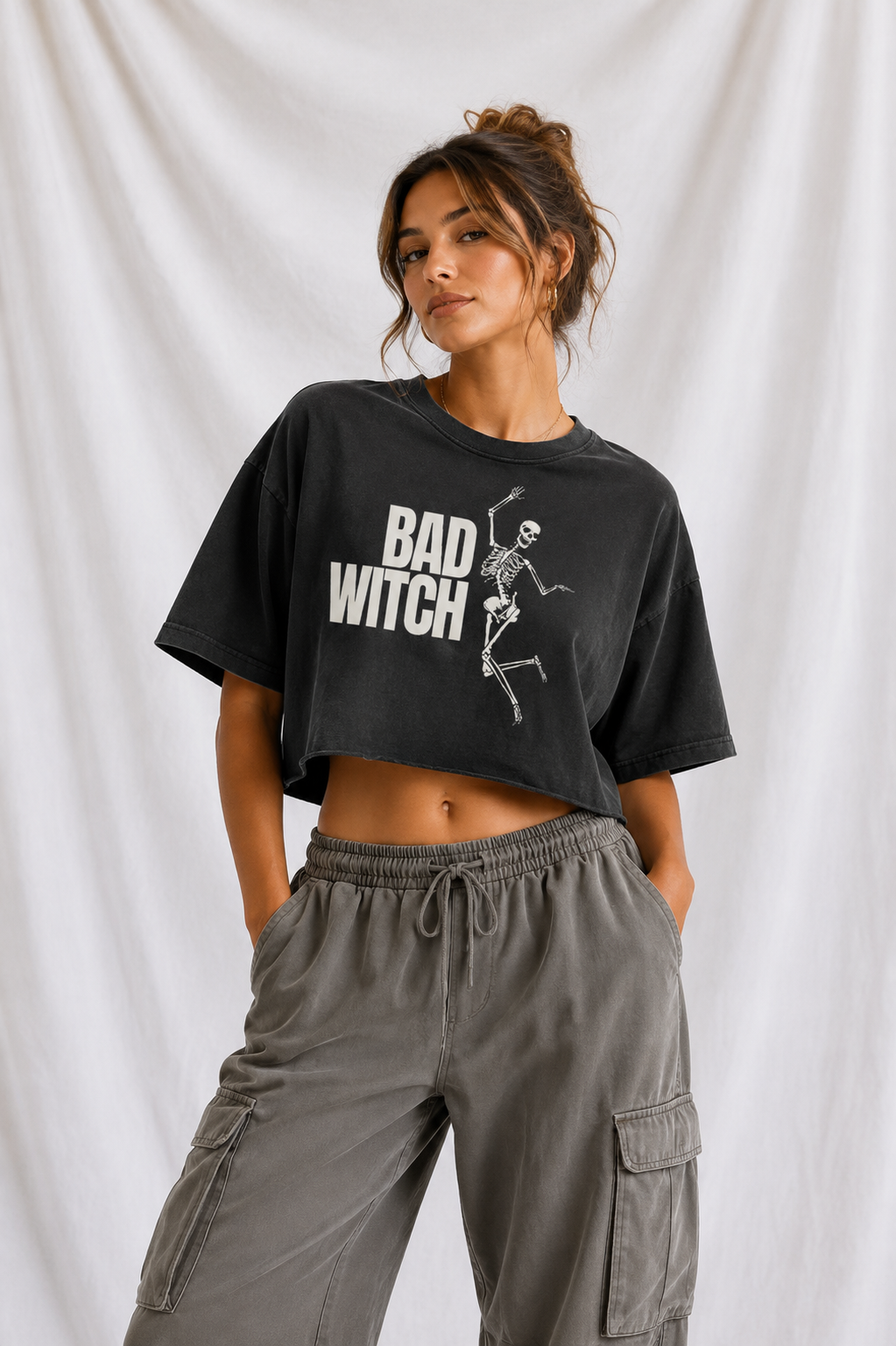 Bad Witch Skeleton Snow Washed Raw Edge Crop Top